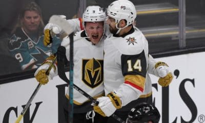 Vegas Golden Knights Jack Eichel and Nicolas Hague after Eichel's first goal as a Vegas Golden Knight (Photo- Vegas Golden Knights via Twitter)