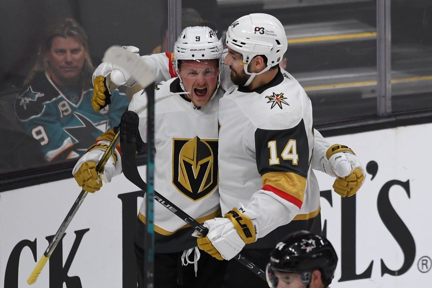 Vegas Golden Knights Jack Eichel and Nicolas Hague after Eichel's first goal as a Vegas Golden Knight (Photo- Vegas Golden Knights via Twitter)