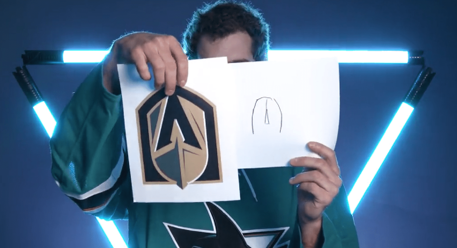 Marc-Edouard Vlasic San Jose Sharks tries to draw Vegas Golden Knights logo- (Photo- San Jose Sharks via Twitter)