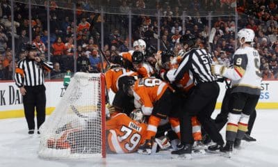 Vegas Golden Knights Philadelphia Flyers net scrum (Photo- Philadelphia Flyers via Twitter)