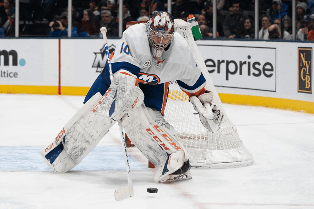 Semyon Varlamov of the New York Islanders defends against the