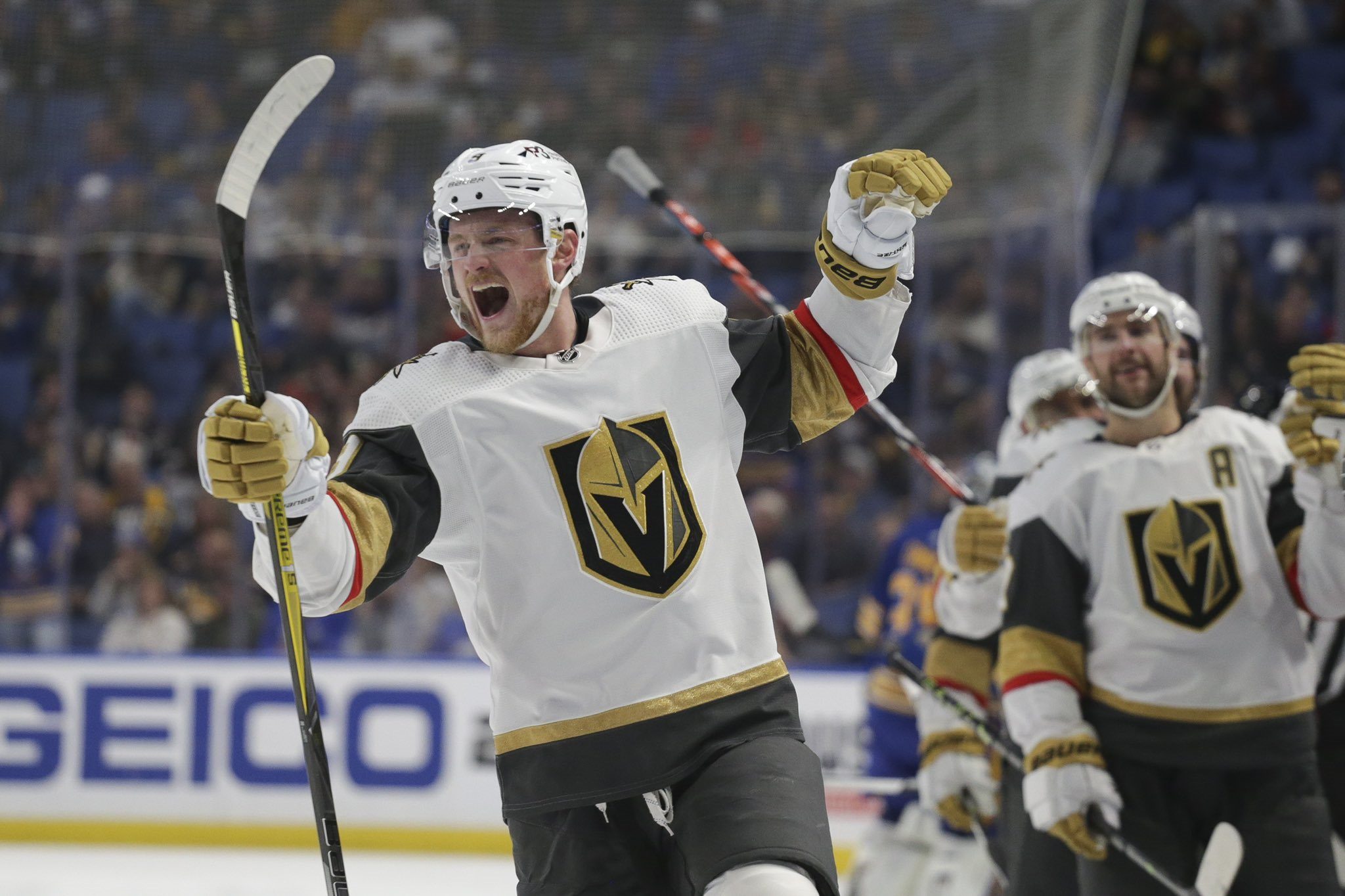 Buffalo Sabres forward Jack Eichel (9) celebrates his goal during the first  period of an NHL ho …