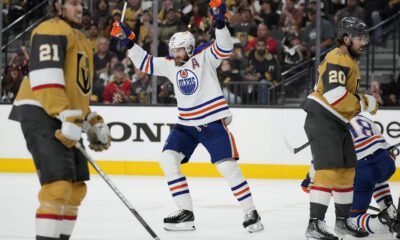 Vegas Golden Knights, Leon Draisaitl celebrates for Edmonton Oilers, Stanley Cup Playoffs