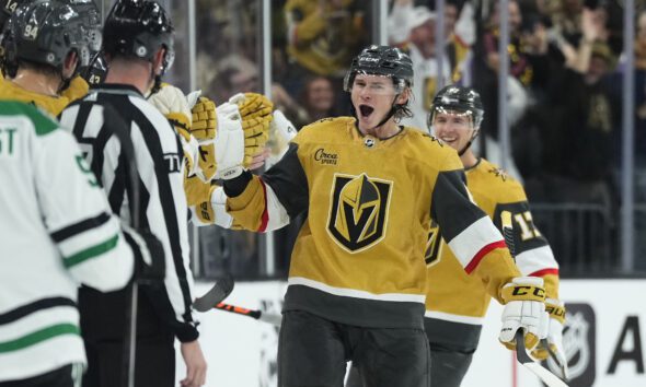 Korczak on the fly-by after scoring his first career NHL goal. (Photo/Screenshot- Vegas Golden Knights via Twitter)