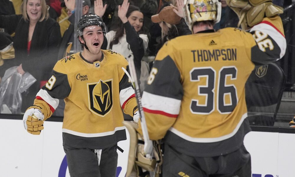 Vegas Golden Knights center Brendan Brisson (19) celebrates after scoring against the Pittsburgh Penguins during the third period of an NHL hockey game Saturday, Jan. 20, 2024, in Las Vegas. (AP Photo/John Locher)