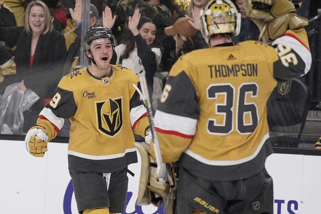 Vegas Golden Knights center Brendan Brisson (19) celebrates after scoring against the Pittsburgh Penguins during the third period of an NHL hockey game Saturday, Jan. 20, 2024, in Las Vegas. (AP Photo/John Locher)