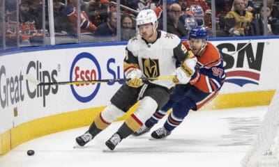 Vegas Golden Knights Jack Eichel (9) is chased by Edmonton Oilers' Connor McDavid (97) during the first period of Game 4 of an NHL hockey second-round playoff series Wednesday, May 10, 2023, in Edmonton, Alberta. (Jason Franson/The Canadian Press via AP)