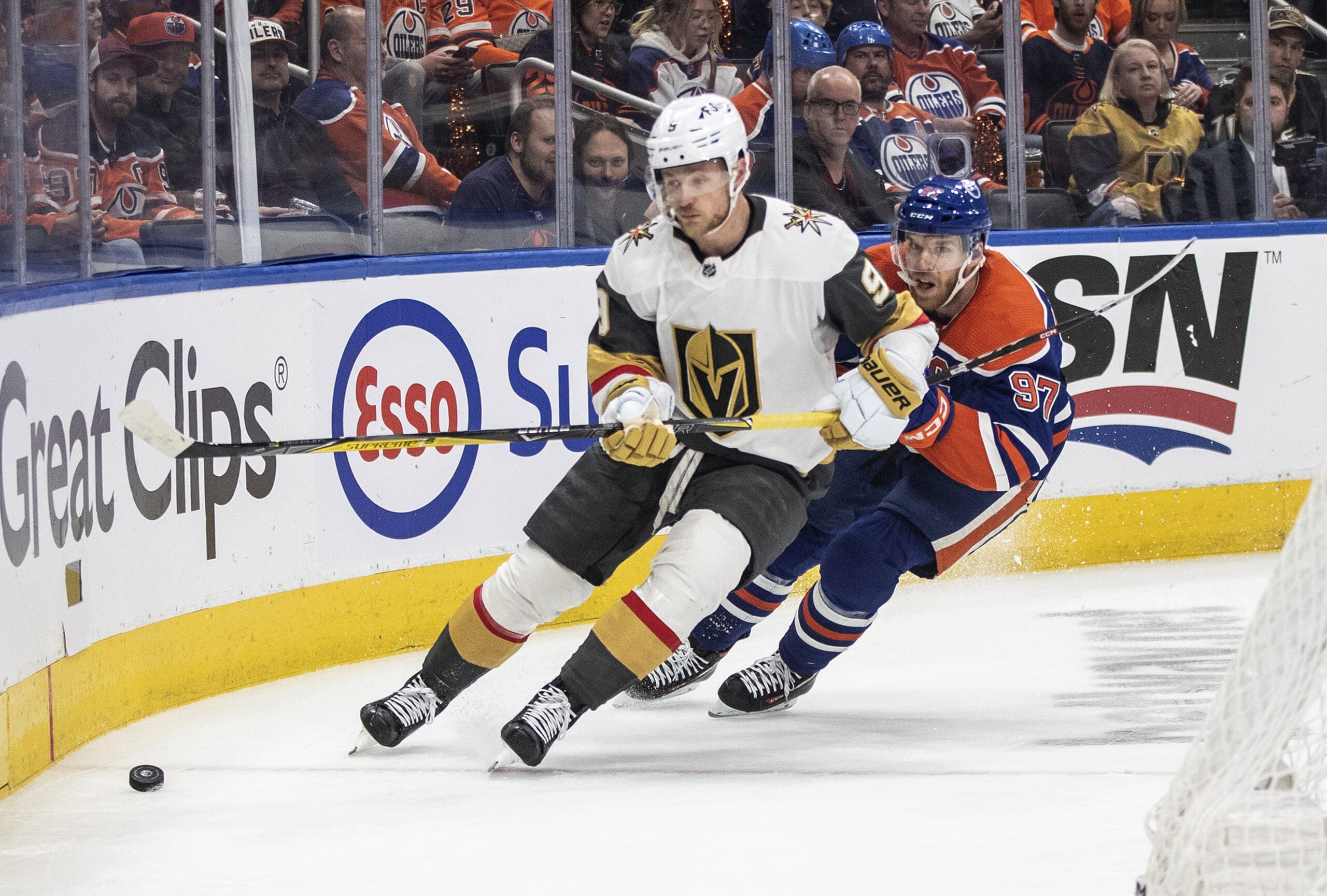 Vegas Golden Knights Jack Eichel (9) is chased by Edmonton Oilers' Connor McDavid (97) during the first period of Game 4 of an NHL hockey second-round playoff series Wednesday, May 10, 2023, in Edmonton, Alberta. (Jason Franson/The Canadian Press via AP)