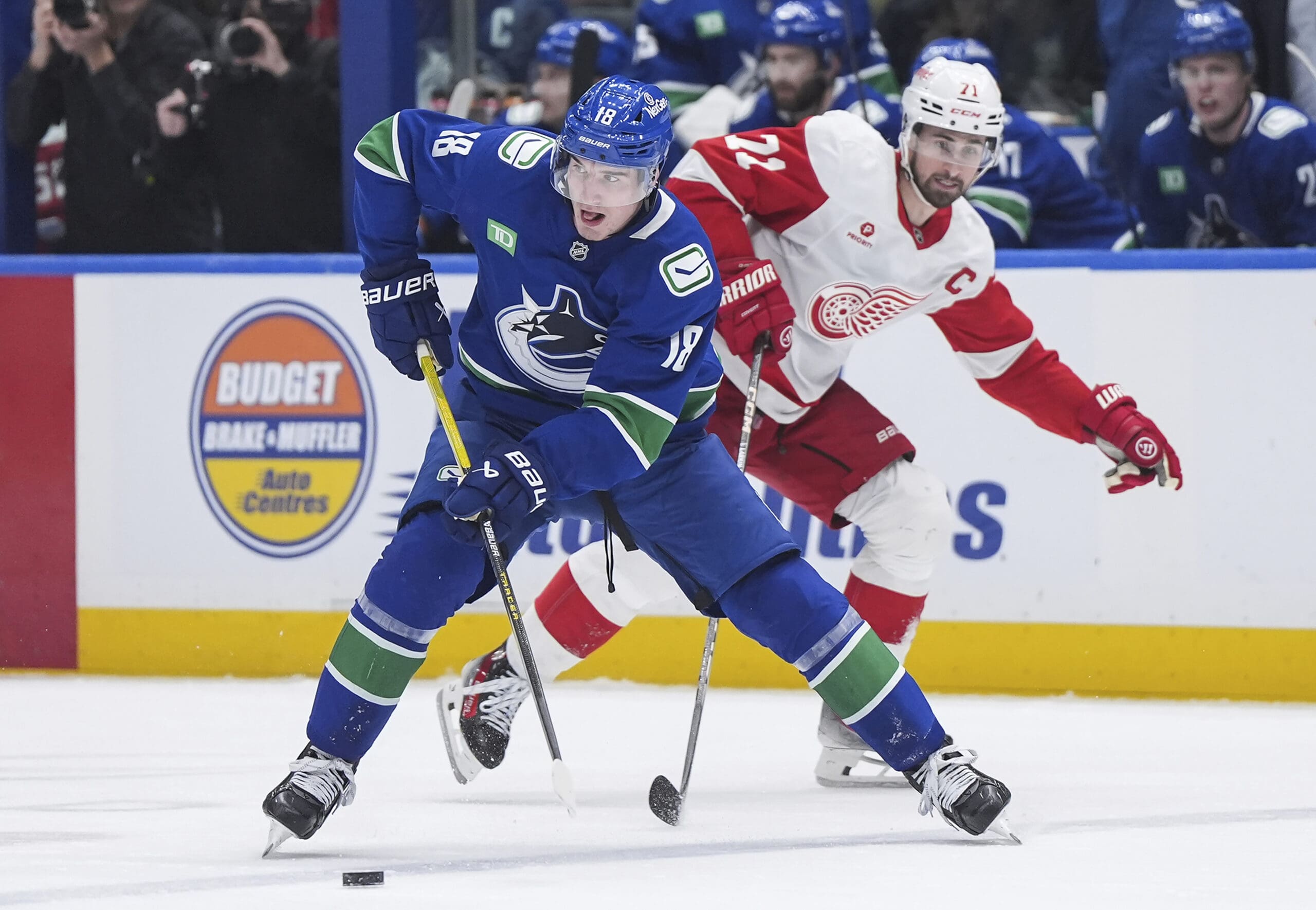 Former Golden Knights trade target and Vancouver Canucks winger Drew O'Connor skates with the puck