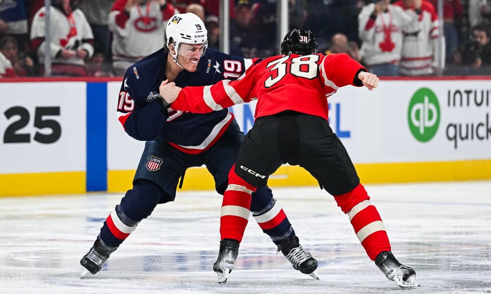 MONTREAL, QC - FEBRUARY 15: Team Canada forward Brandon Hagel (38) fights against Team USA forward Matthew Tkachuk (19) during a 4 Nations Face-Off game between Team USA and Team Canada on February 15, 2025, at Bell Centre in Montreal, QC (Photo by David Kirouac/Icon Sportswire)