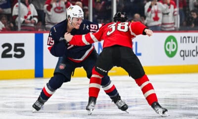 MONTREAL, QC - FEBRUARY 15: Team Canada forward Brandon Hagel (38) fights against Team USA forward Matthew Tkachuk (19) during a 4 Nations Face-Off game between Team USA and Team Canada on February 15, 2025, at Bell Centre in Montreal, QC (Photo by David Kirouac/Icon Sportswire)