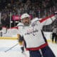 Washington Capitals left wing Alex Ovechkin (8) celebrates after scoring against the Vegas Golden Knights for a hat trick during the third period of an NHL hockey game Sunday, Nov. 17, 2024, in Las Vegas. (AP Photo/John Locher)