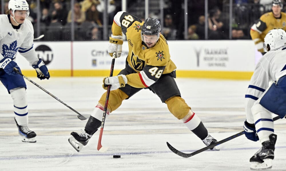 Vegas Golden Knights center Tomas Hertl (48) handles the puck against the Toronto Maple Leafs during the second period of an NHL hockey game Wednesday, March 5, 2025, in Las Vegas. (AP Photo/David Becker)