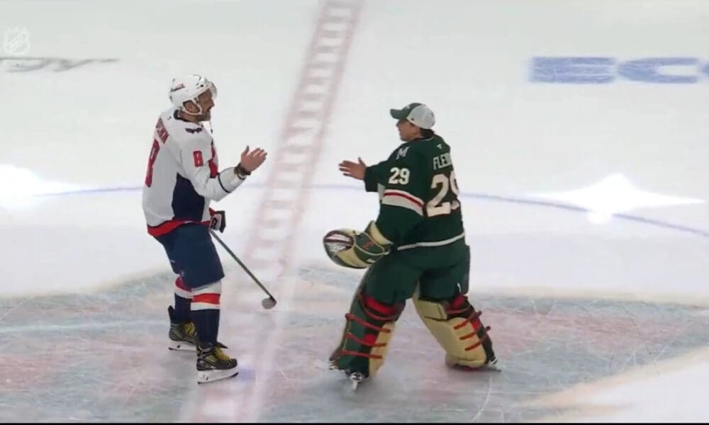 Alex Ovechkin shakes hands with Marc-André Fleury at center ice 3/27/2025 (Photo/Screenshot- Brady Trettenero via Twitter)