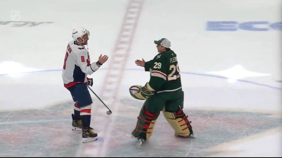 Alex Ovechkin shakes hands with Marc-Andrรฉ Fleury at center ice 3/27/2025 (Photo/Screenshot- Brady Trettenero via Twitter)