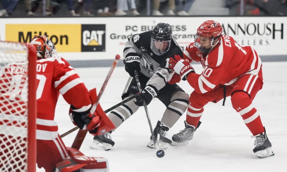 Providence Friars forward Trevor Connelly scores against Boston University Terriers goaltender Mikhail Yegorov on 2/14/2025 (Photo/Screenshot- Providence Friars Hockey via Instagram)