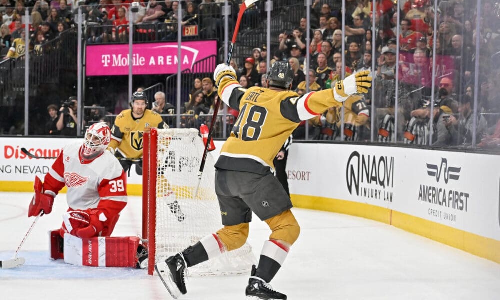 Vegas Golden Knights forward Tomáš Hertl celebrates after scoring against the Detroit Red Wings (Photo/Screenshot- Vegas Golden Knights via Twitter)