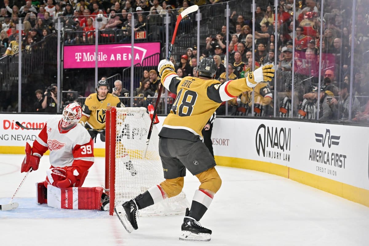 Vegas Golden Knights forward Tomรกลก Hertl celebrates after scoring against the Detroit Red Wings (Photo/Screenshot- Vegas Golden Knights via Twitter)