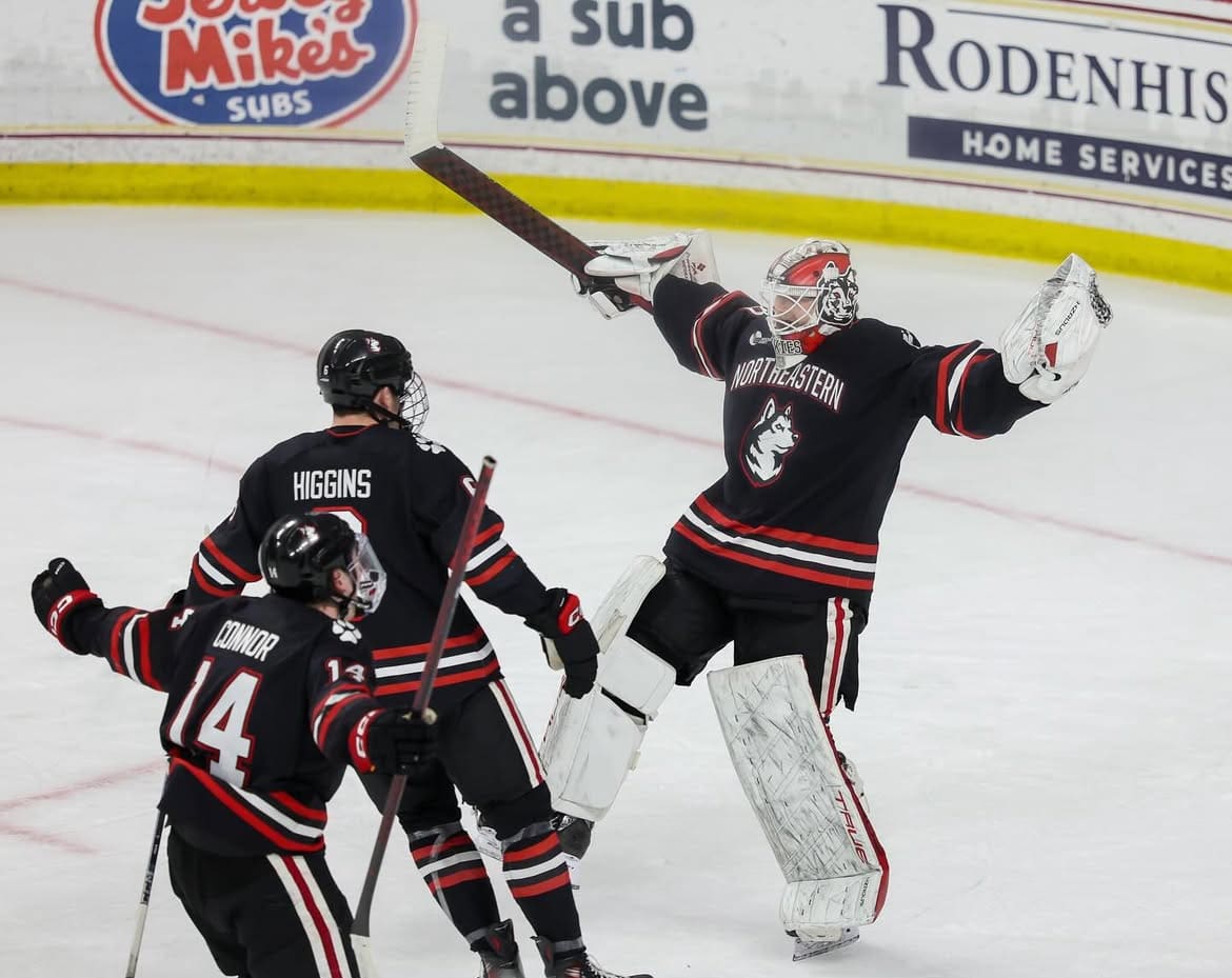 Golden Knights prospect and Northeastern Huskies goaltender Cameron Whitehead celebrates with Jake Higgins and Joe Connor after a win over the Boston College Eagles on 3/15/2025 (Photo/Screenshot- gonumhockey via Instagram)