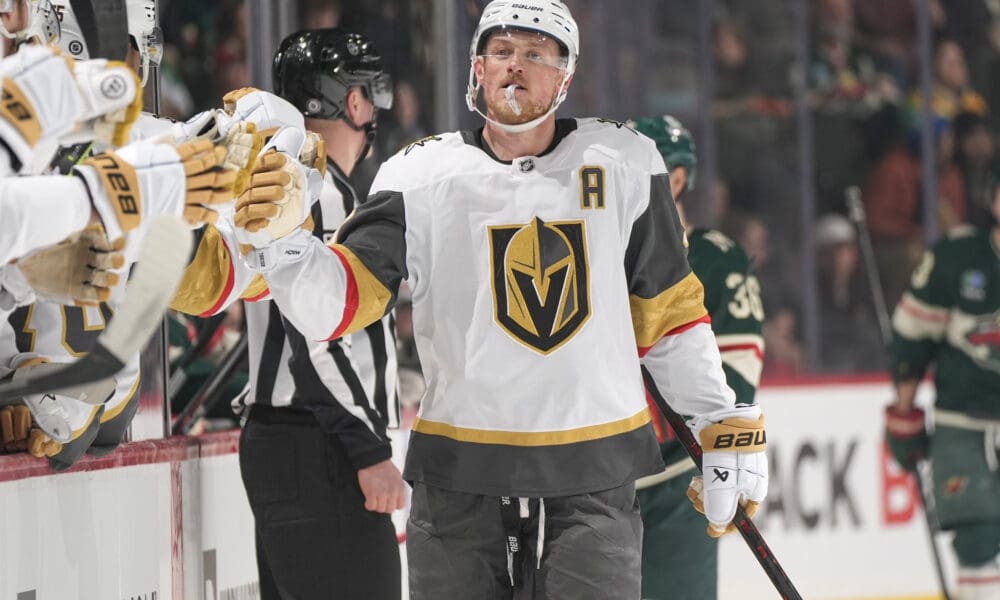 Jack Eichel celebrates after scoring a goal vs the Minnesota Wild (Photo/Screenshot- Vegas Golden Knights via Twitter)
