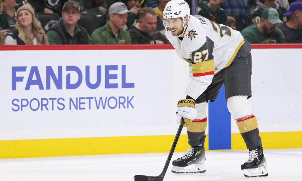 ST. PAUL, MN - DECEMBER 15: Vegas Golden Knights defenseman Shea Theodore (27) lines up for a play during the NHL game between the Vegas Golden Knights and Minnesota Wild on December 15th, 2024, at the Xcel Energy Center in St. Paul, MN. (Photo by Bailey Hillesheim/Icon Sportswire)