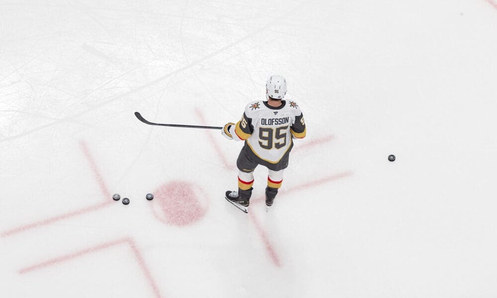 COLUMBUS, OH - MARCH 13: Vegas Golden Knights right wing Victor Olofsson (95) is on the ice before the game between the Vegas Golden Knights and the Columbus Blue Jackets on March 13th, 2025 at Nationwide Arena in Columbus, OH. (Photo by Michael Brown/Icon Sportswire)
