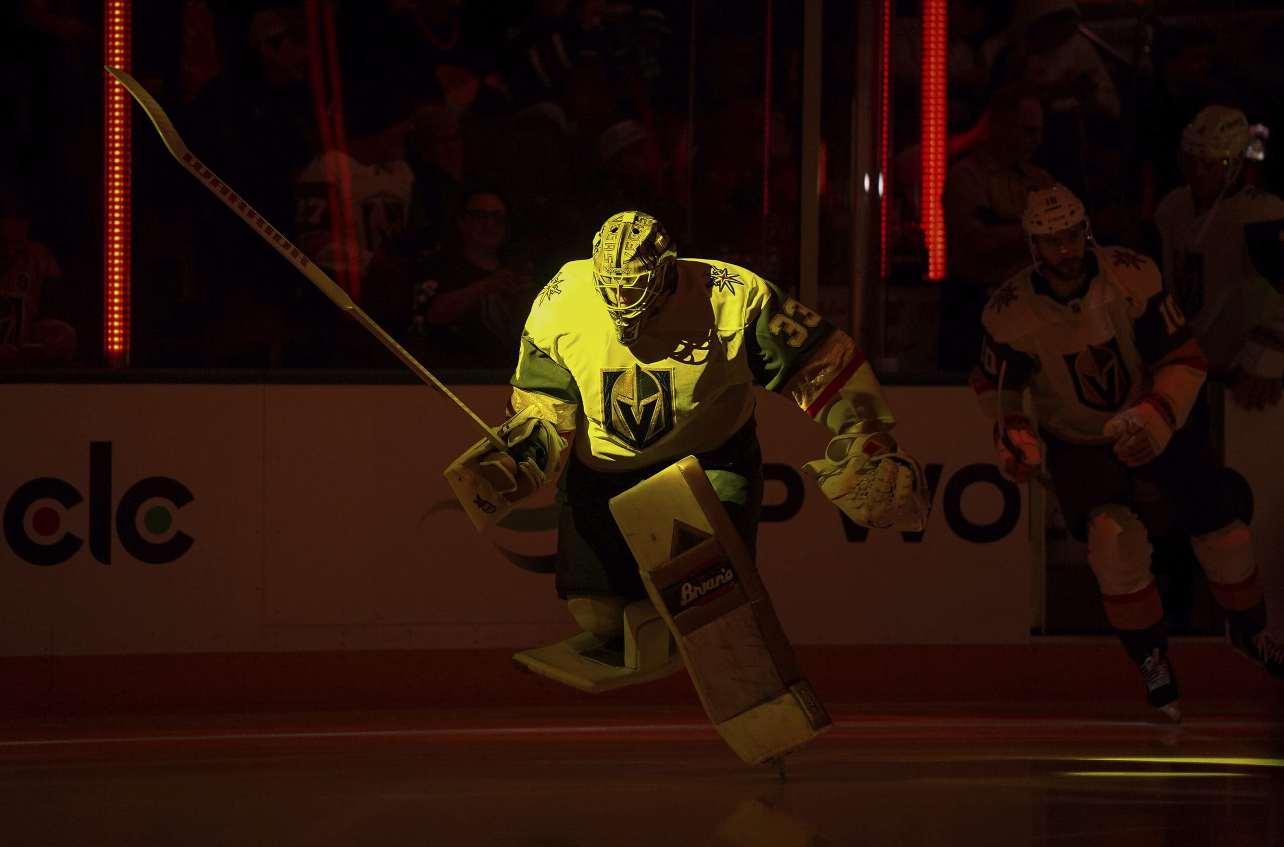 Vegas Golden Knights goalie Adin Hill skates onto the ice before an NHL hockey game against the Vancouver Canucks in Vancouver, British Columbia, Sunday, April 6, 2025. (Darryl Dyck/The Canadian Press via AP)