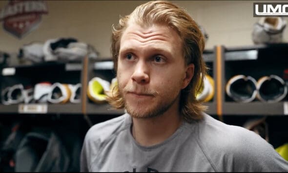 Vegas Golden Knights forward William Karlsson meets with the media 4/24/2025 (Photo/Screenshot- Vegas Golden Knights via Twitter)