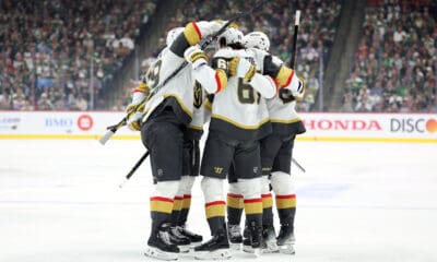 The Vegas Golden Knights celebrate after scoring 4/26/2025 (Photo/Screenshot- Vegas Golden Knights via Twitter)