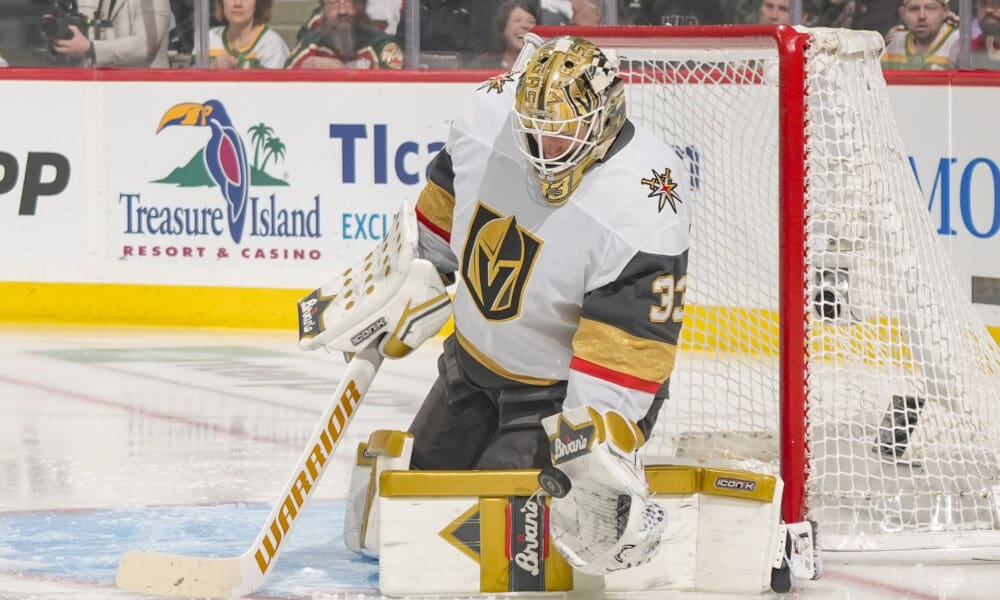 Vegas Golden Knights goaltender Adin Hill makes a save 4/26/2025 (Photo/Screenshot- Vegas Golden Knights via Twitter)