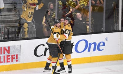 Mark Stone and Jack Eichel celebrate after scoring 12/13/2023 (Photo/Screenshot- Vegas Golden Knights via Twitter)