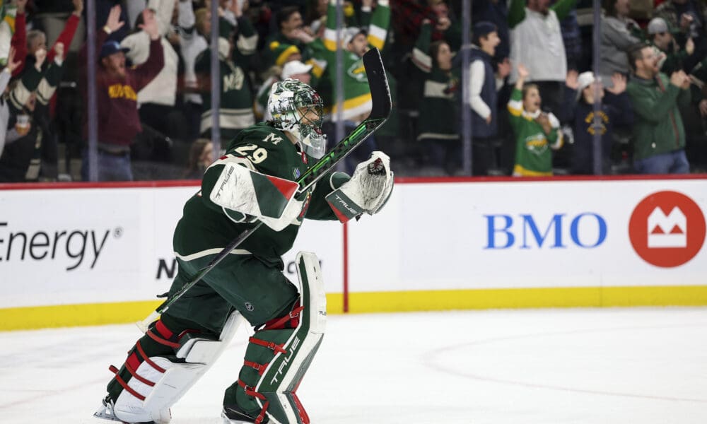 Marc-André Fleury celebrates his final regular season win 4/15/2025 (Photo/Screenshot- Sportsnet via Twitter)