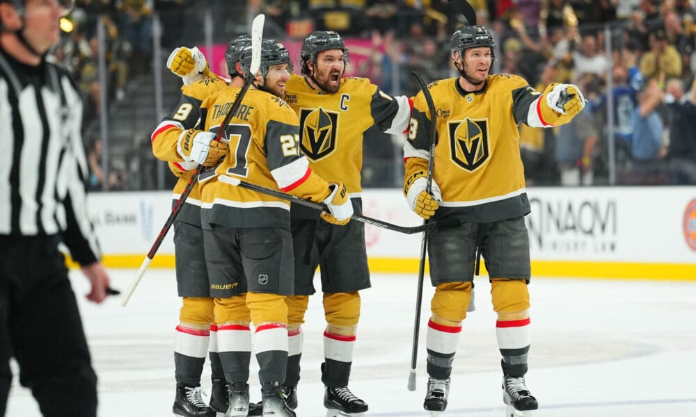The Vegas Golden Knights celebrate after Mark Stone's goal 4/29/2025 (Photo/Screenshot- Vegas Golden Knights via Twitter)