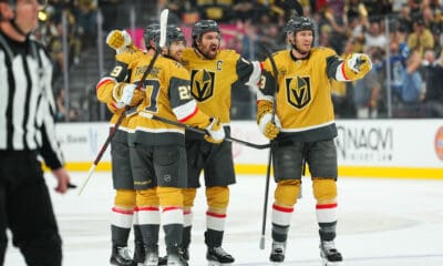 The Vegas Golden Knights celebrate after Mark Stone's goal 4/29/2025 (Photo/Screenshot- Vegas Golden Knights via Twitter)