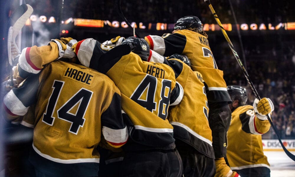 The Vegas Golden Knights celebrate after Brett Howden's overtime winner 4/29/2025 (Photo/Screenshot- Vegas Golden Knights via Twitter)