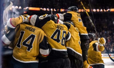 The Vegas Golden Knights celebrate after Brett Howden's overtime winner 4/29/2025 (Photo/Screenshot- Vegas Golden Knights via Twitter)