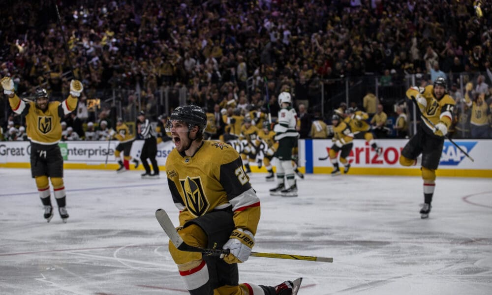 Vegas Golden Knights forward Brett Howden celebrates after scoring in overtime 4/29/2025 (Photo/Screenshot- Vegas Golden Knights via Twitter)