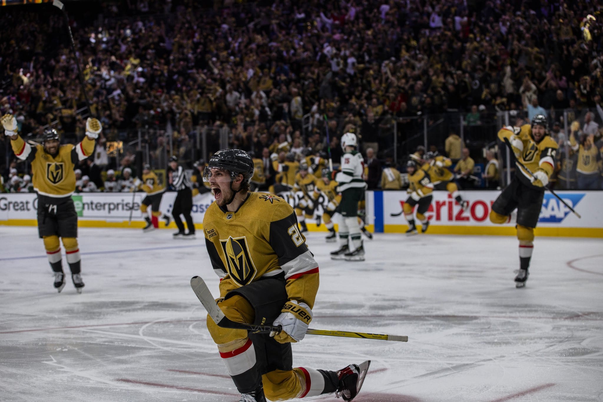 Vegas Golden Knights forward Brett Howden celebrates after scoring in overtime 4/29/2025 (Photo/Screenshot- Vegas Golden Knights via Twitter)