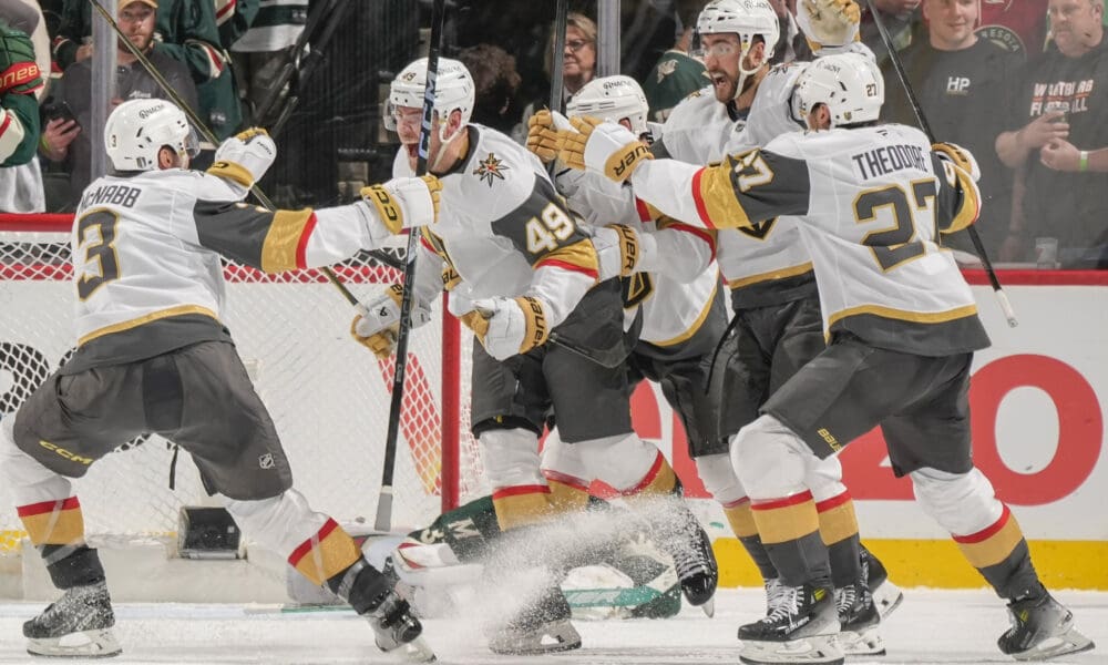 The Vegas Golden Knights celebrate after Ivan Barbashev's overtime game winner 4/26/2025 (Photo/Screenshot- Vegas Golden Knights via Twitter)