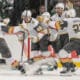 The Vegas Golden Knights celebrate after Ivan Barbashev's overtime game winner 4/26/2025 (Photo/Screenshot- Vegas Golden Knights via Twitter)