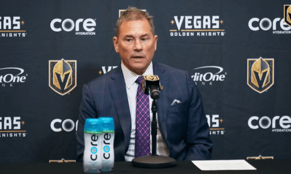 Golden Knights head coach Bruce Cassidy meets with the media 4/3/2025 (Photo/Screenshot- Vegas Golden Knights via Twitter)