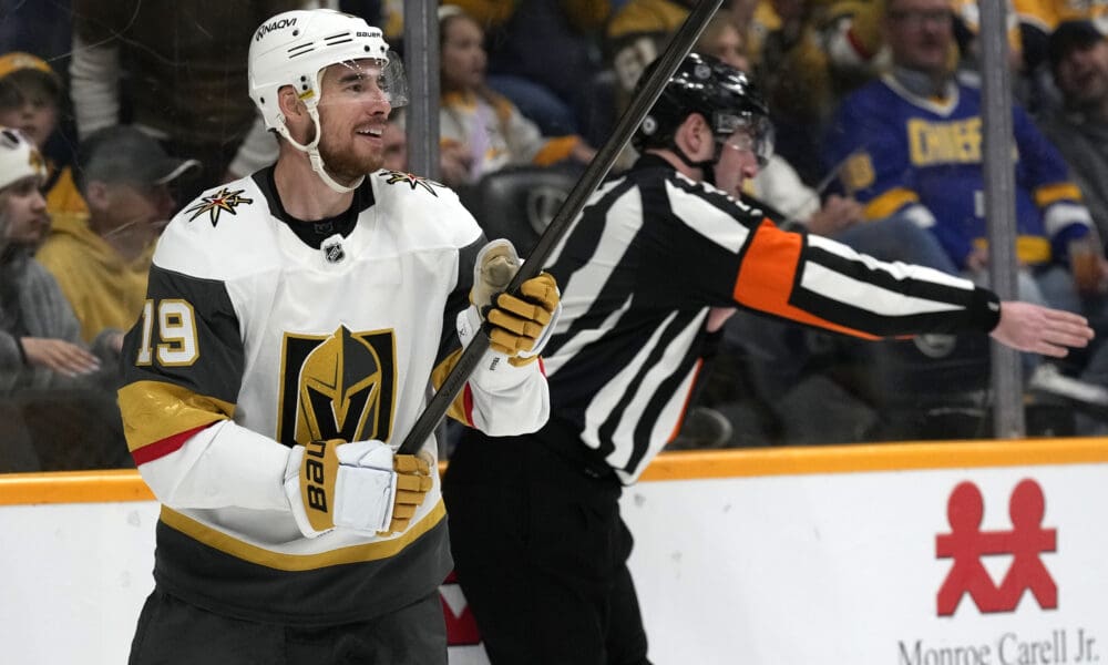 Vegas Golden Knights right wing Reilly Smith (19) celebrates after scoring against the Nashville Predators during the third period of an NHL hockey game Saturday, March 29, 2025, in Nashville, Tenn. (AP Photo/Mark Humphrey)