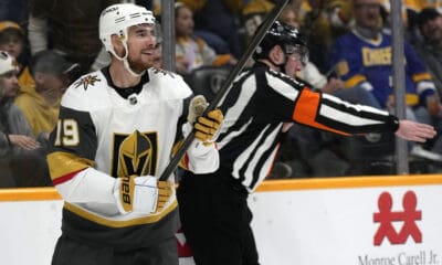 Vegas Golden Knights right wing Reilly Smith (19) celebrates after scoring against the Nashville Predators during the third period of an NHL hockey game Saturday, March 29, 2025, in Nashville, Tenn. (AP Photo/Mark Humphrey)