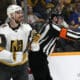Vegas Golden Knights right wing Reilly Smith (19) celebrates after scoring against the Nashville Predators during the third period of an NHL hockey game Saturday, March 29, 2025, in Nashville, Tenn. (AP Photo/Mark Humphrey)
