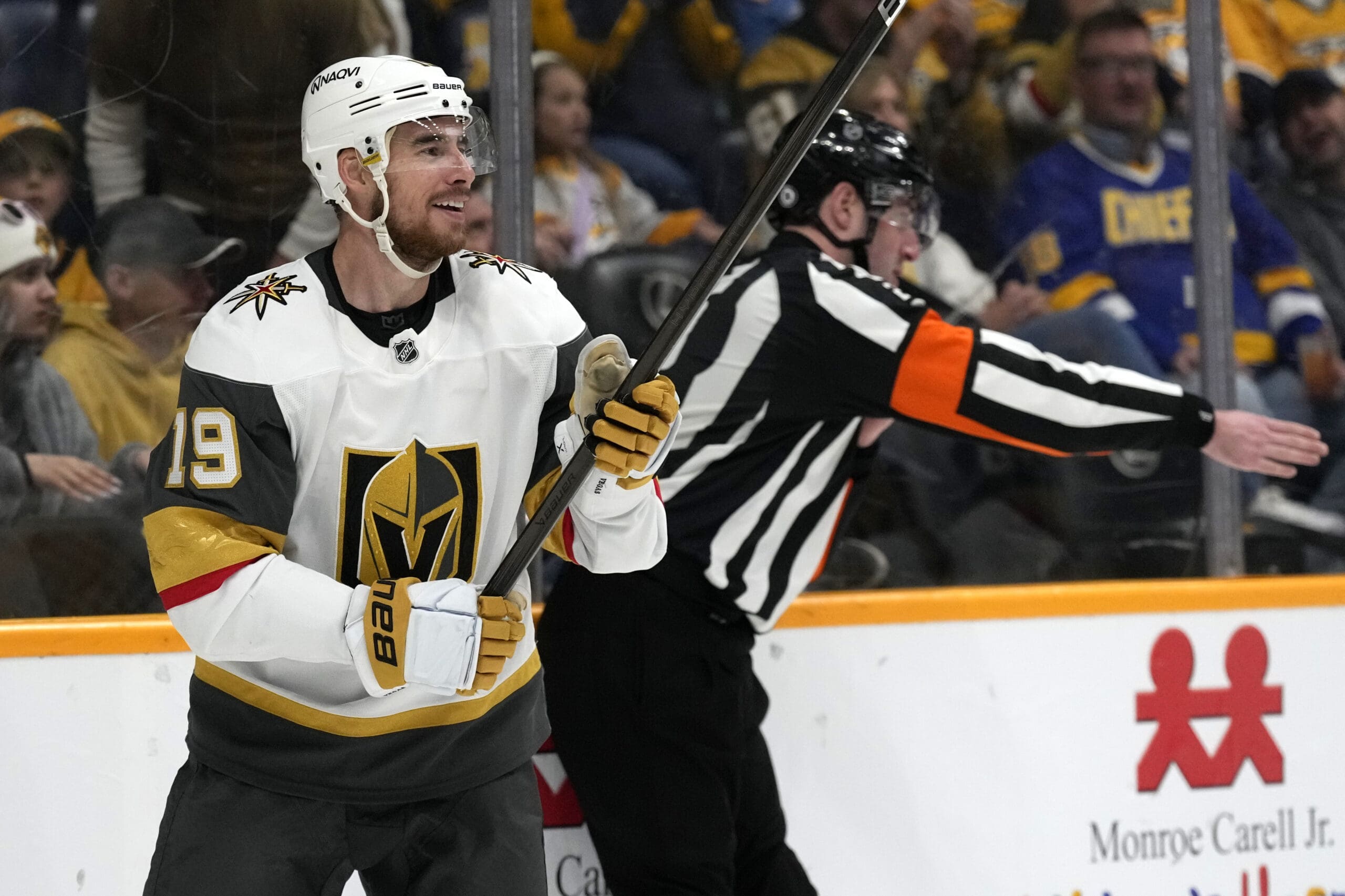 Vegas Golden Knights right wing Reilly Smith (19) celebrates after scoring against the Nashville Predators during the third period of an NHL hockey game Saturday, March 29, 2025, in Nashville, Tenn. (AP Photo/Mark Humphrey)