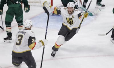Vegas Golden Knights right wing Mark Stone (61) celebrates after scoring against Minnesota Wild goaltender Filip Gustavsson during the third period of Game 6 of a first-round NHL hockey playoff series Thursday, May 1, 2025, in St. Paul, Minn. (AP Photo/Bailey Hillesheim)