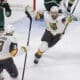 Vegas Golden Knights right wing Mark Stone (61) celebrates after scoring against Minnesota Wild goaltender Filip Gustavsson during the third period of Game 6 of a first-round NHL hockey playoff series Thursday, May 1, 2025, in St. Paul, Minn. (AP Photo/Bailey Hillesheim)