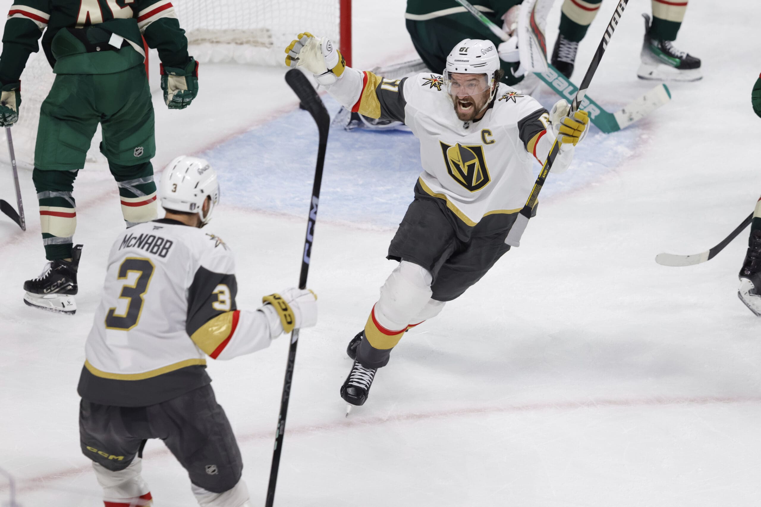 Vegas Golden Knights right wing Mark Stone (61) celebrates after scoring against Minnesota Wild goaltender Filip Gustavsson during the third period of Game 6 of a first-round NHL hockey playoff series Thursday, May 1, 2025, in St. Paul, Minn. (AP Photo/Bailey Hillesheim)