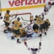Edmonton Oilers right wing Kasperi Kapanen, upper right, celebrates after scoring against the Vegas Golden Knights during overtime of Game 5 of a second-round NHL hockey playoff series Wednesday, May 14, 2025, in Las Vegas. (AP Photo/John Locher)