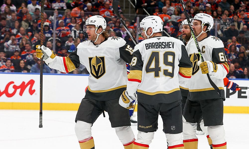 EDMONTON, AB - DECEMBER 14: Las Vegas Golden Knights Center Ivan Barbashev (49) celebrates his goal in the second period of the Edmonton Oilers game versus the Las Vegas Golden Knights on December 14, 2024 at Rogers Place in Edmonton, AB. (Photo by Curtis Comeau/Icon Sportswire)